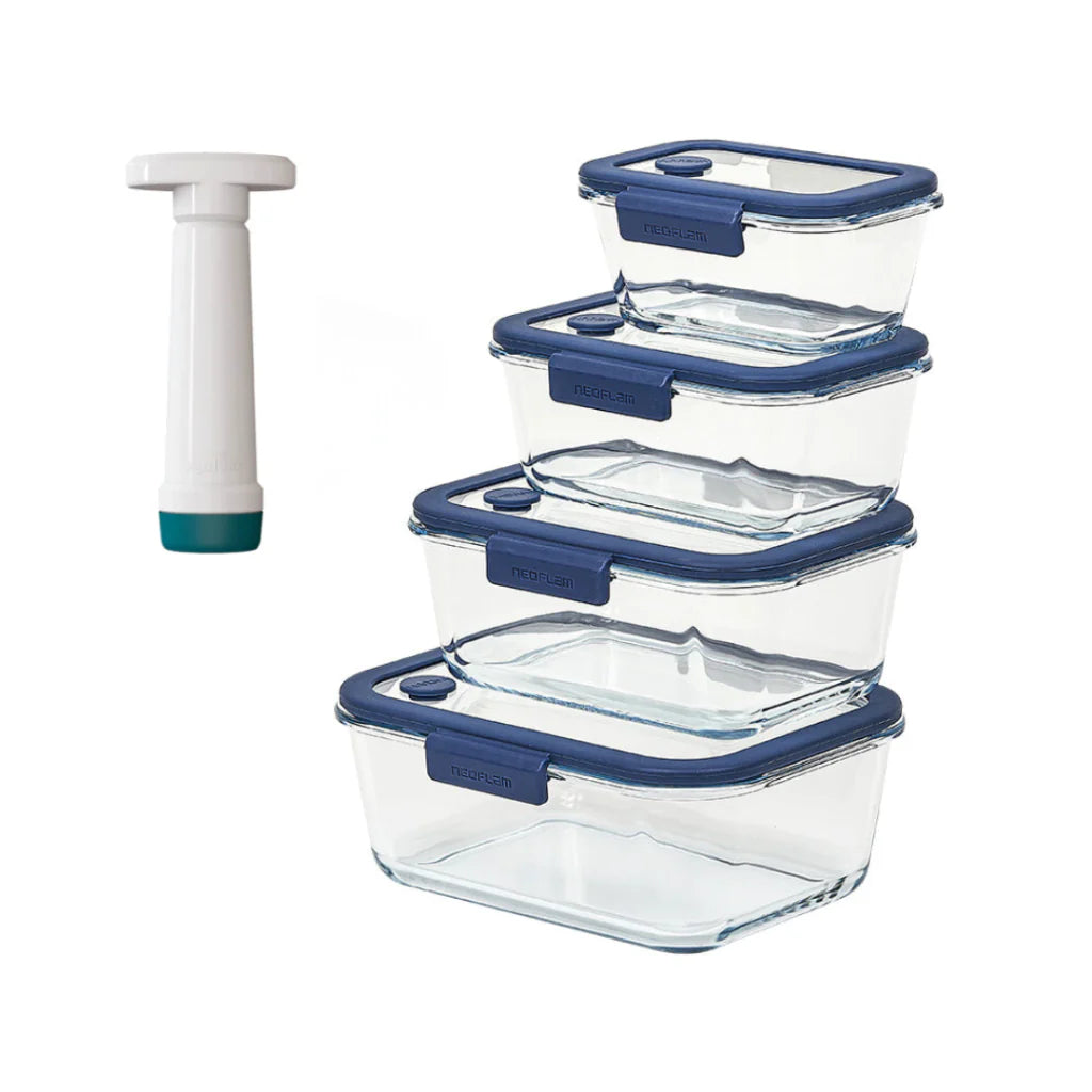 Conjunto de Potes de Vidro Hermético Retangular - Bomba Manual de Sucção a vácuo - 5 Peças - Neoflam - GLACÉ Z